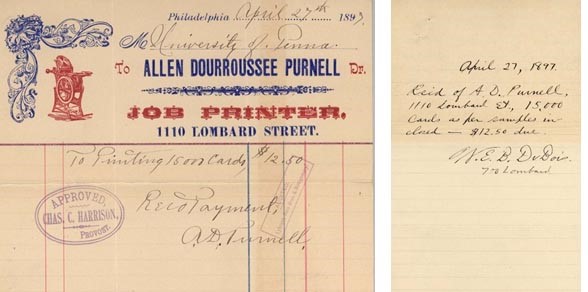 Receipt for Cards Printed by Allen Dourroussee Purnell for Du Bois