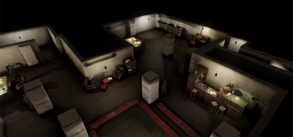 A screencap of a video game, showing a realistically rendered isometric view
                  of the interior of a bunker. Inside the bunker are several workspaces with desks
                  and filing cabinets, and near the center is a low table and two
                  armchairs.