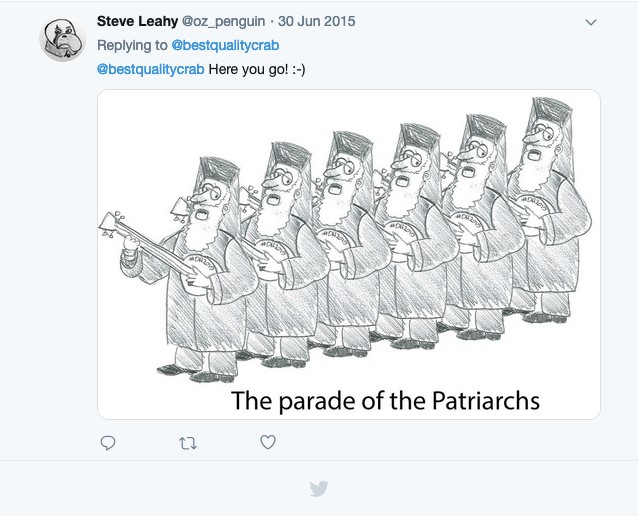 A pencil drawing of six identical men wearing religious garb and
						holding stringed instruments walking in a line with the text "The
						Parade of Patriarchs" below them in the drawing. The drawing is within
						the context of a twitter post where the accompanying tweet reads;
						"@bestqualitycrab Here you go! :-)"