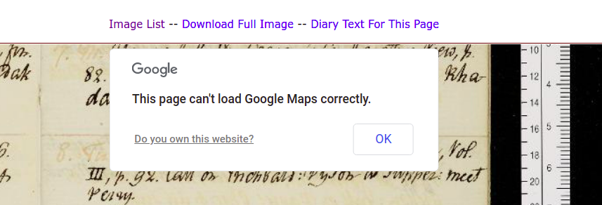 Screenshot of a Google Maps errors informing the viewer that the
							map cannot load