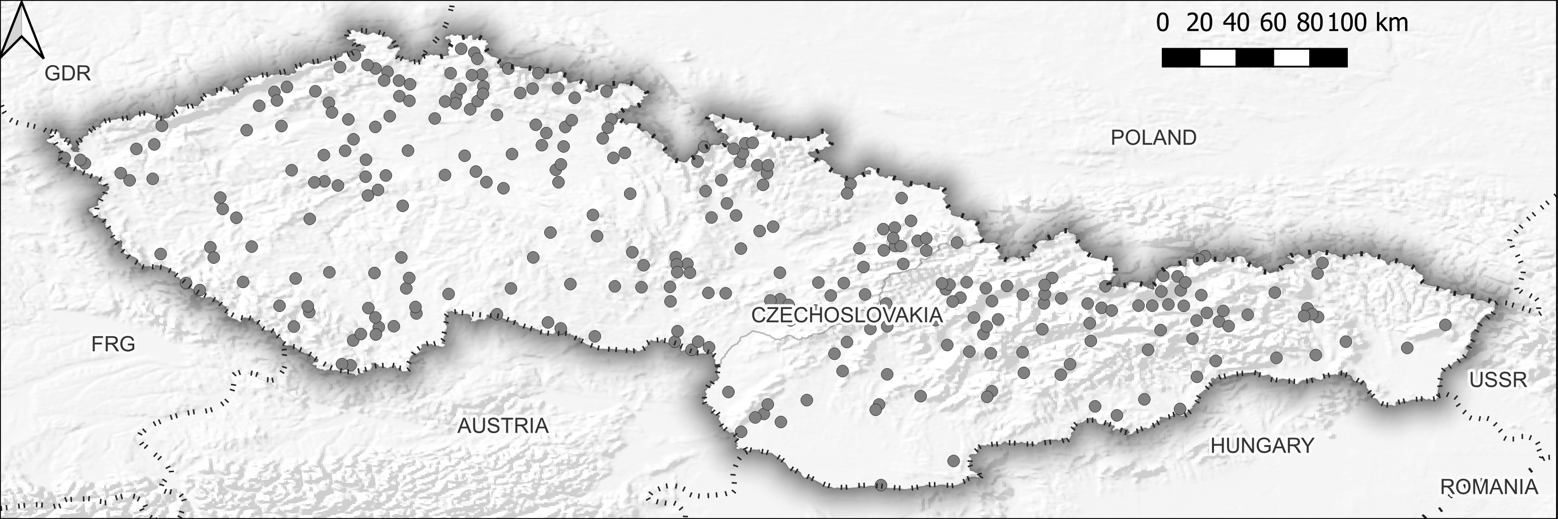 Map of Czechoslovakia with gray dots