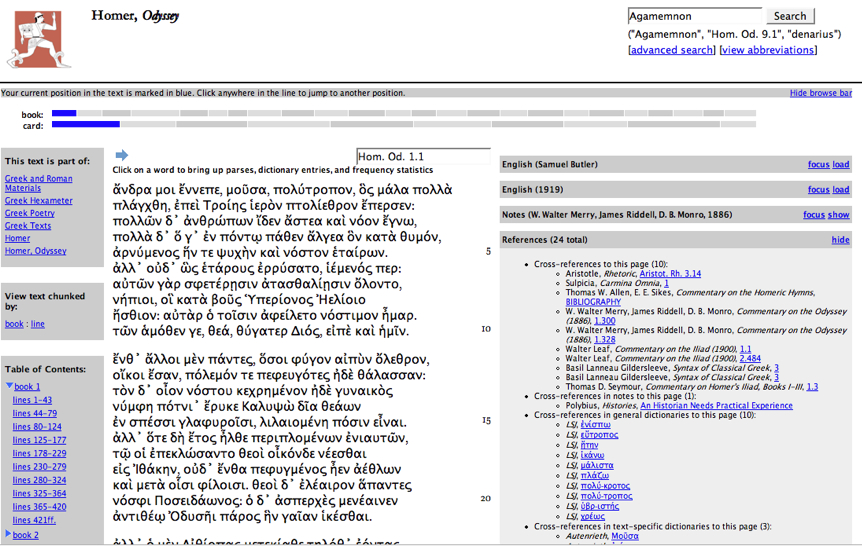 A screen shot of the opening lines of the Odyssey as shown in the
                        Perseus Digital Library