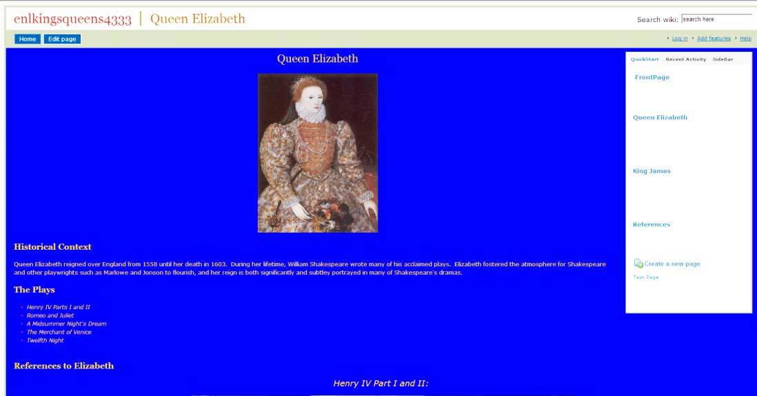 Screenshot of the Queen Elizabeth page