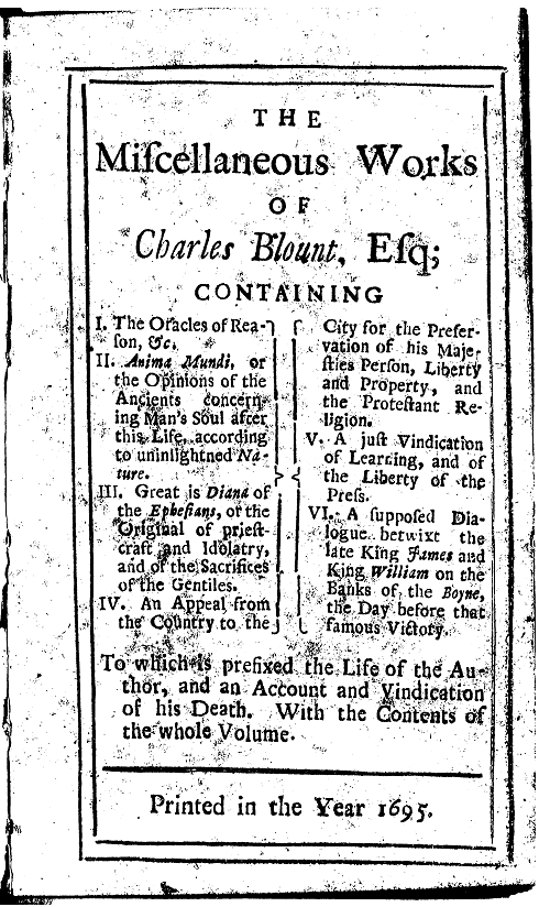 Table of contents for The Miscellaneous Works of Charles Blount, Esq. (1695).