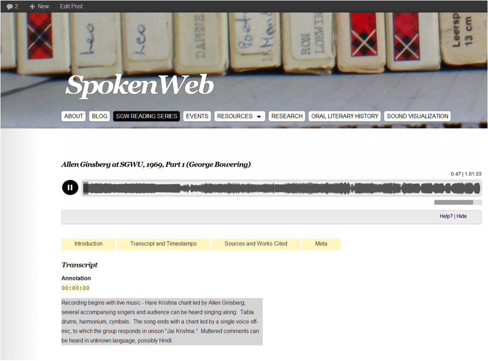 Screen capture of audio playback on the SpokenWeb site.